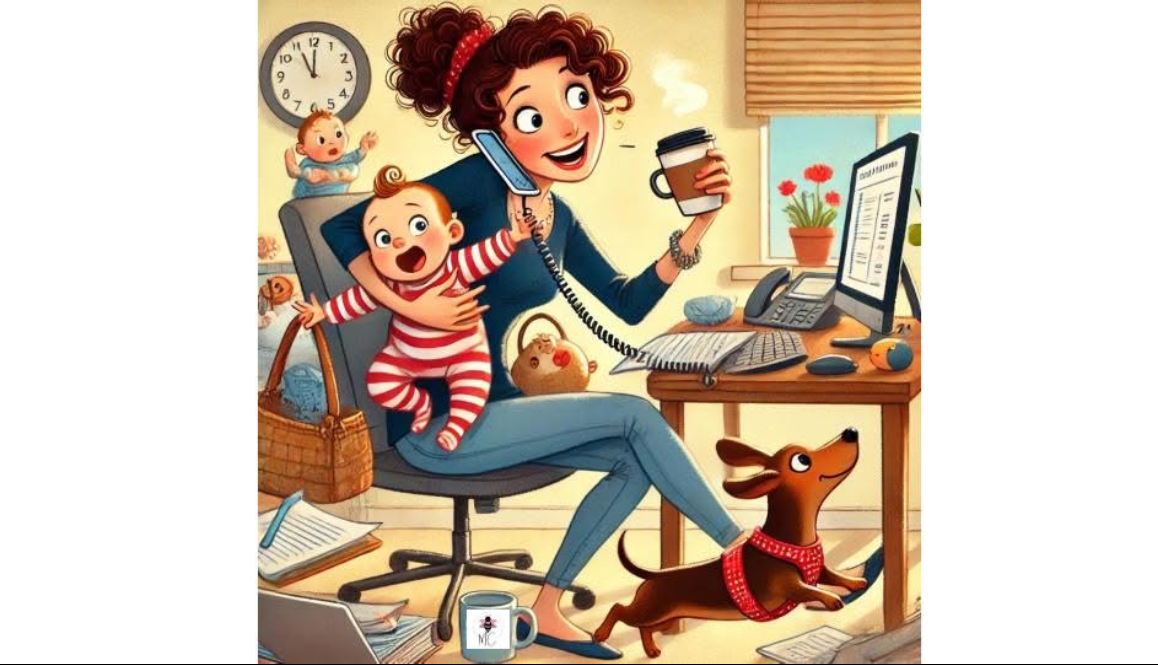 Cartoon of a busy Mum juggling kids, animals and work